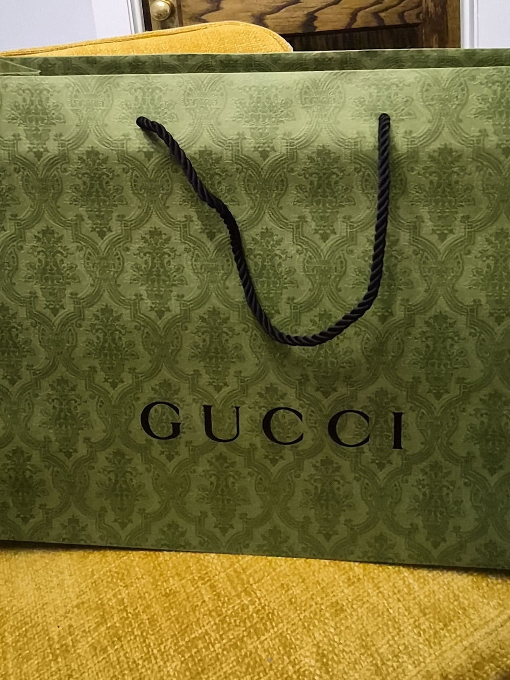 Gucci Olive Green Printed Logo Shopping Bag with Black Rope Handles